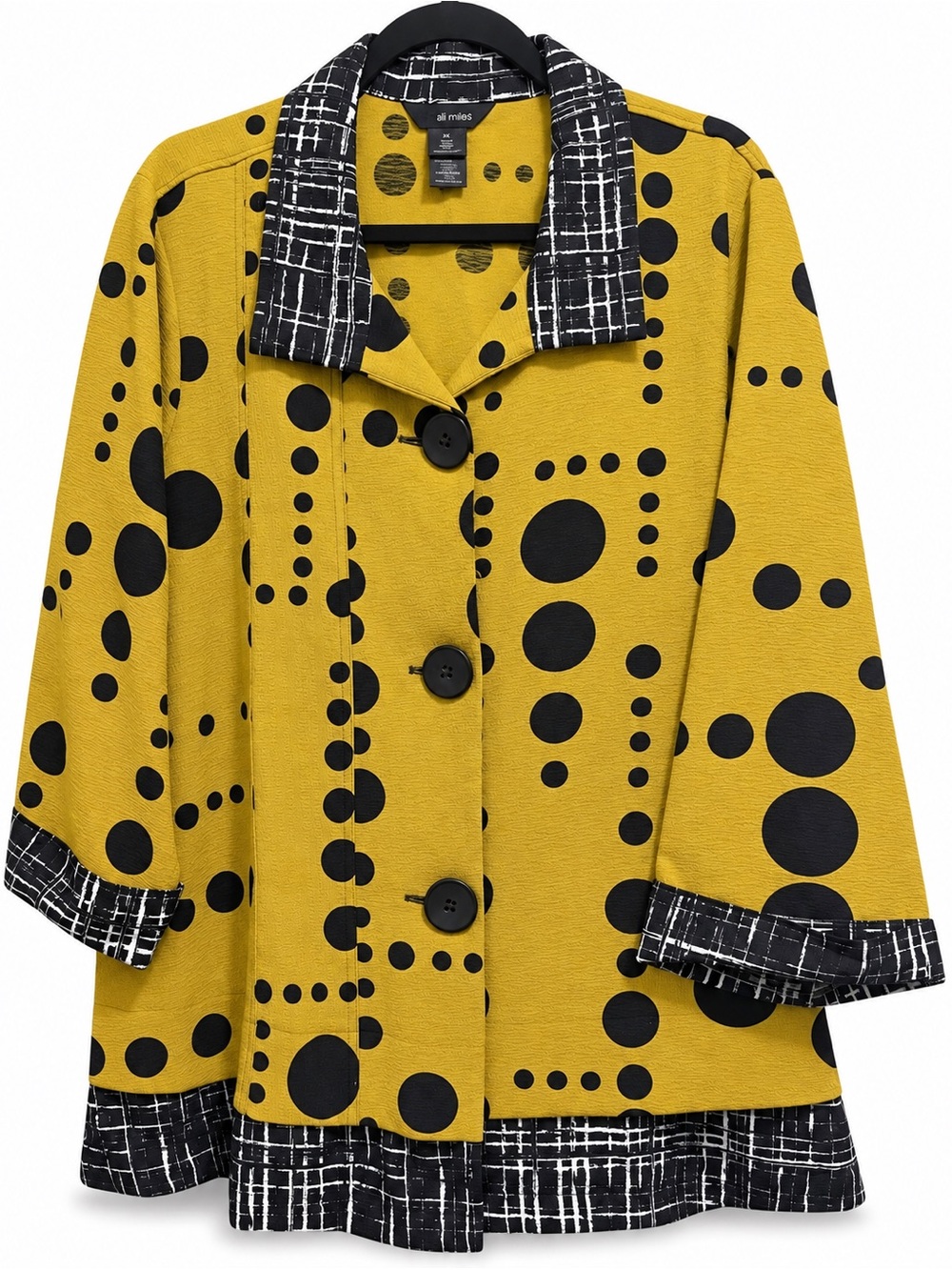 ALI MILES Mustard Black Polka Dot Geometric Lagenlook Art to Wear Jacket